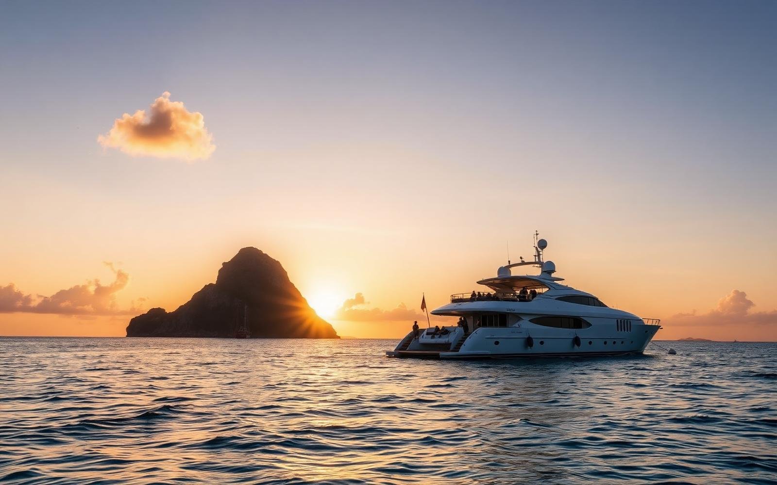 Private yacht at anchor beside a tropical island at sunset